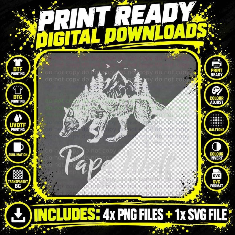 Papa Wolf Best Dad Tribe Wolves Mountain Silhouette Art Png SVG Digital Bundle