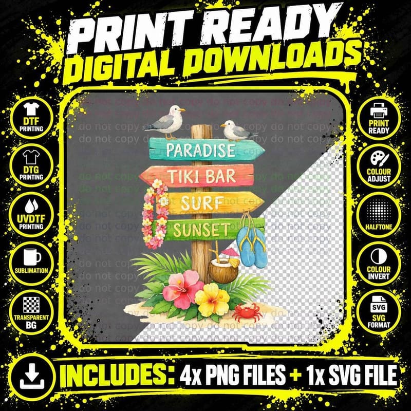 Paradise Tiki Bar Surf Sunset Summer T-Shirt Png SVG Digital Bundle
