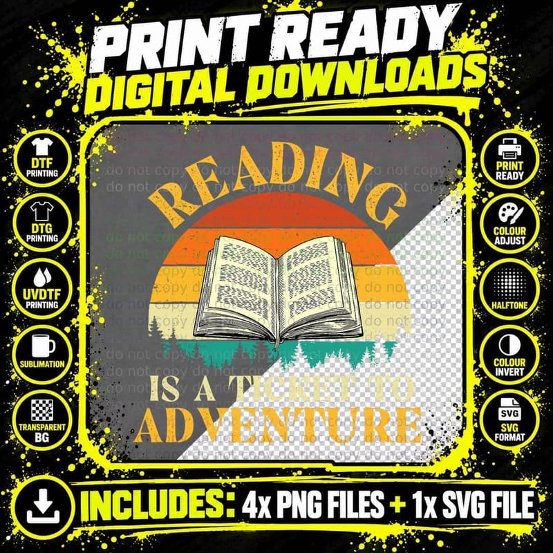 Reading Is a Ticket to Adventure - Retro Vintage Book Png SVG Digital Bundle