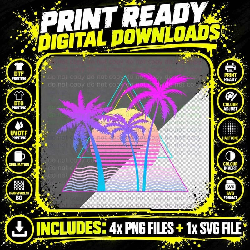 Retro 1980s 1990s Vaporwave Palm Trees Beach Sunset Surf Png SVG Digital Bundle