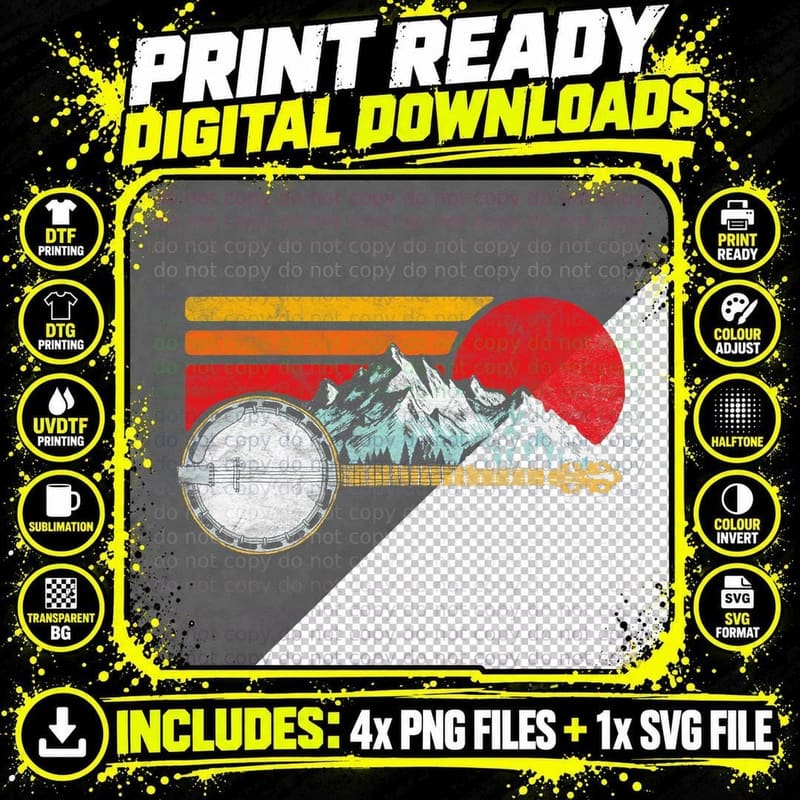Retro Banjo Mountains & Sun Sketch Surf Style 80's Png SVG Digital Bundle