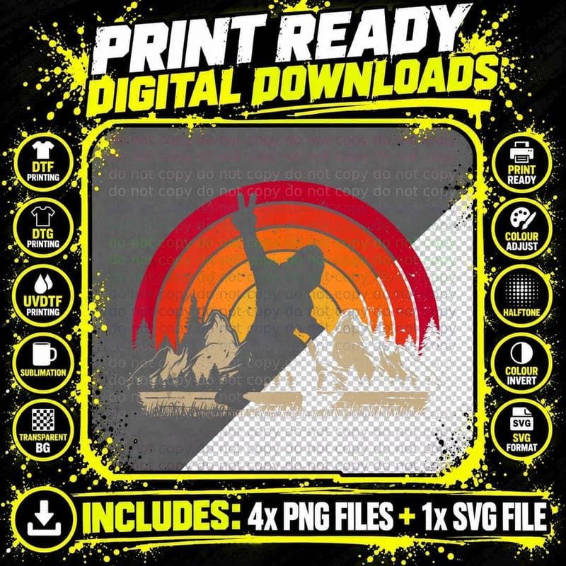 Retro Camping Hiking Bigfoot Silhouette Mountain Sun Png SVG Digital Bundle