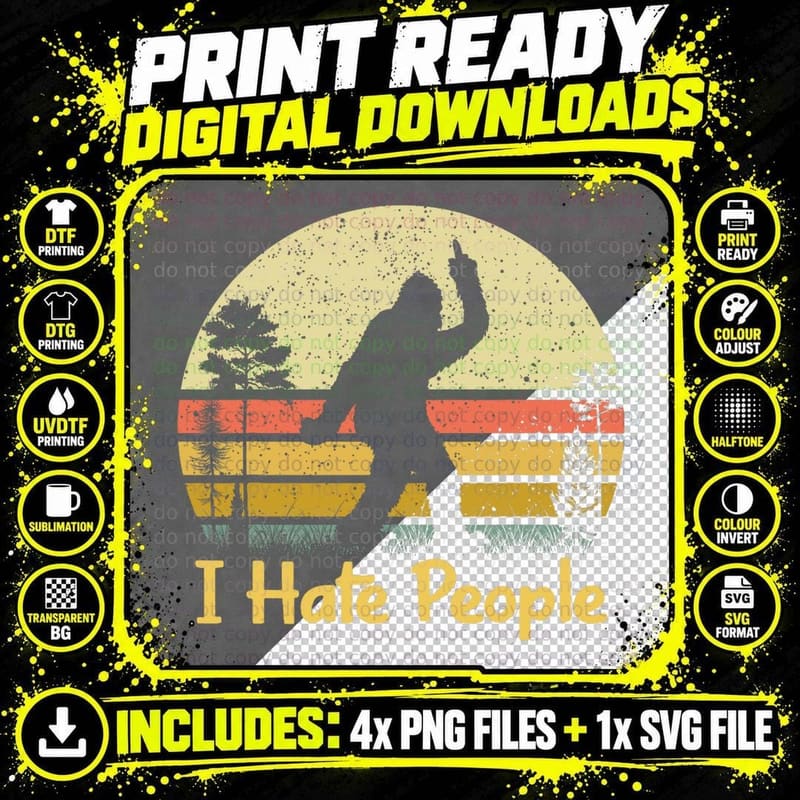 Retro Camping, Bigfoot Sasquatch Middle Finger I Hate Png SVG Digital Bundle