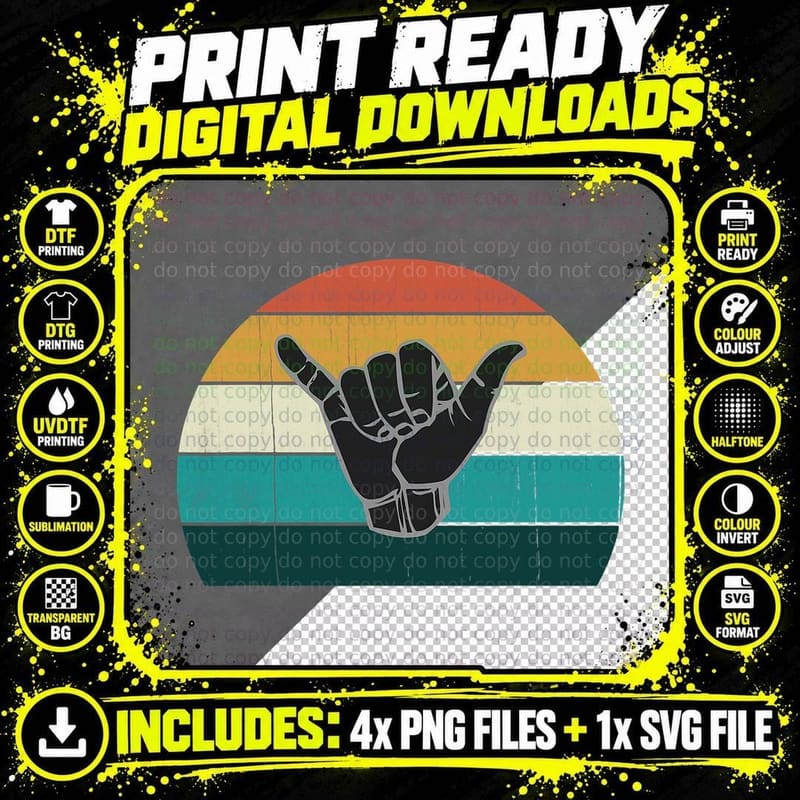 Retro Shaka & Surf Sign - Cool Vintage Surfer Surfing Png SVG Digital Bundle