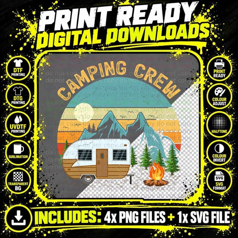 Retro Vintage Camper Camping Crew T-Shirt Png SVG Digital Bundle