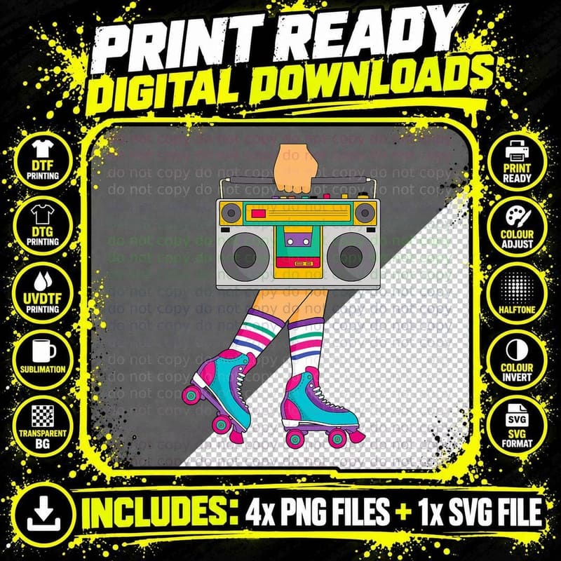 Roller Skate Retro 80s Skating Roller Disco Skater Girl Png SVG Digital Bundle