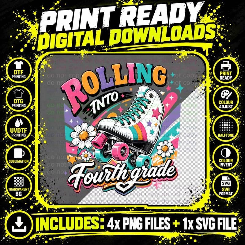 Rolling into Fourth Grade School Grade Level T-Shirt Png SVG Digital Bundle