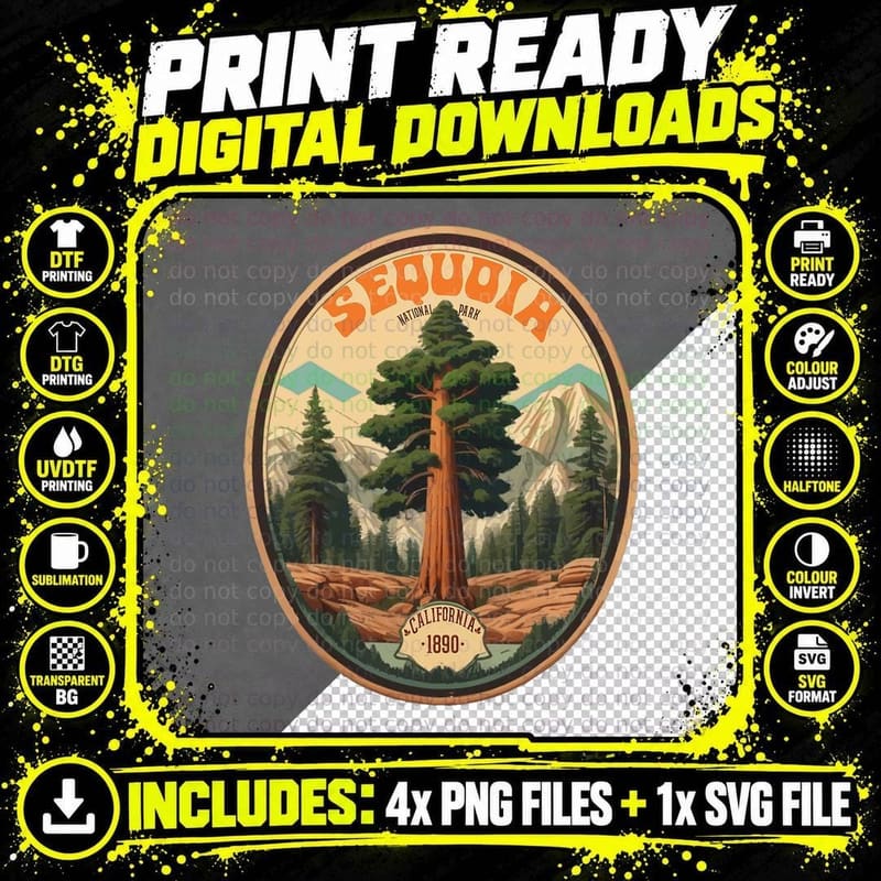 Sequoia National Park Tree Illustration Hiking Retro Png SVG Digital Bundle