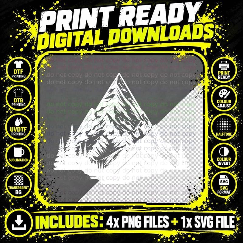 Single Detailed Mountain with Forest Outdoor T-Shirt Png SVG Digital Bundle