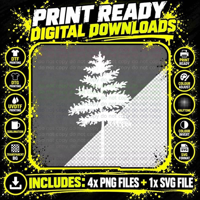 Single Pine Tree Detailed Silhouette Outdoor T-Shirt Png SVG Digital Bundle