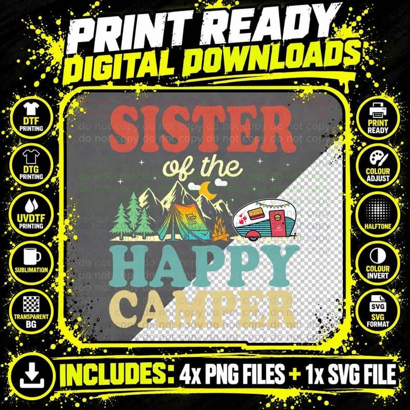 Sister of the Happy Camper First Birthday Camping Family Png SVG Digital Bundle