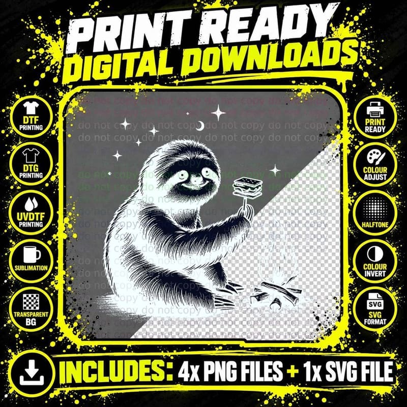 Sloth S'more Campfire Funny Sloth Vintage Camping & Png SVG Digital Bundle