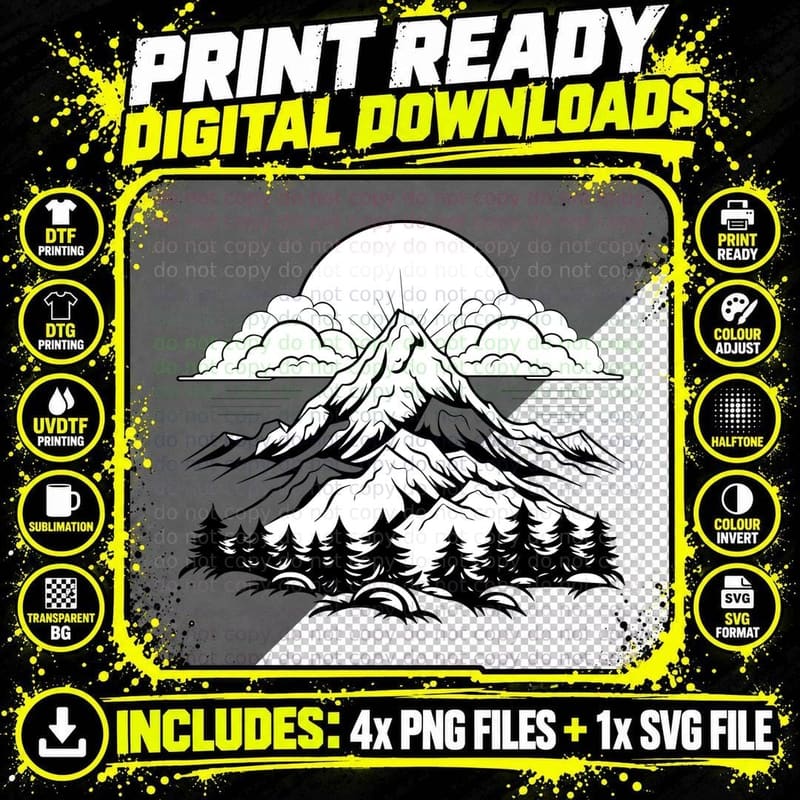 Snow Mountain with Clouds and Sun Outdoor T-Shirt Png SVG Digital Bundle