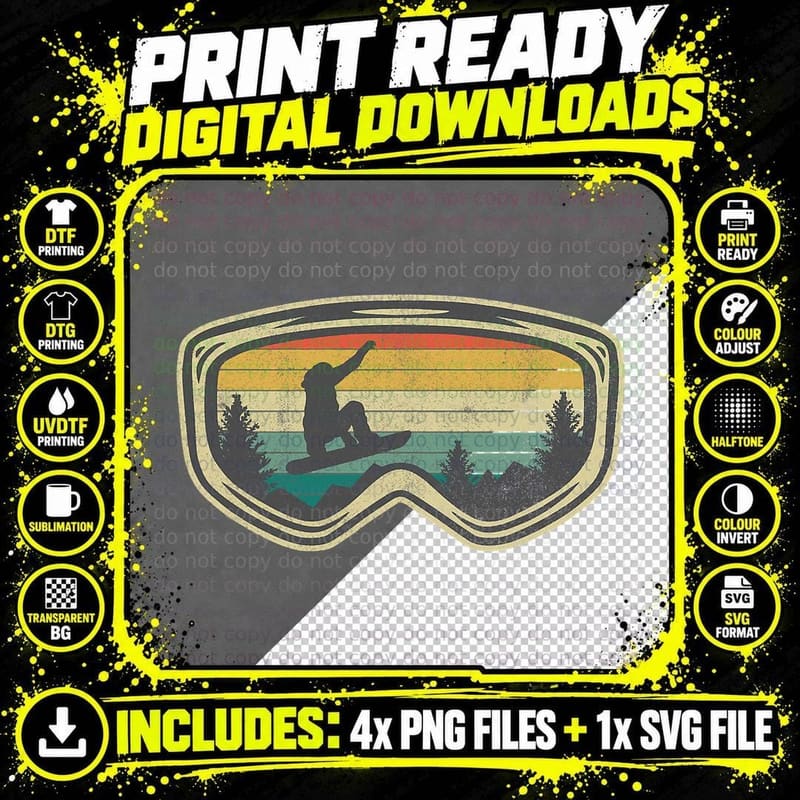Snowboard Goggles Mountain Snowboarding Retro Vacation Png SVG Digital Bundle