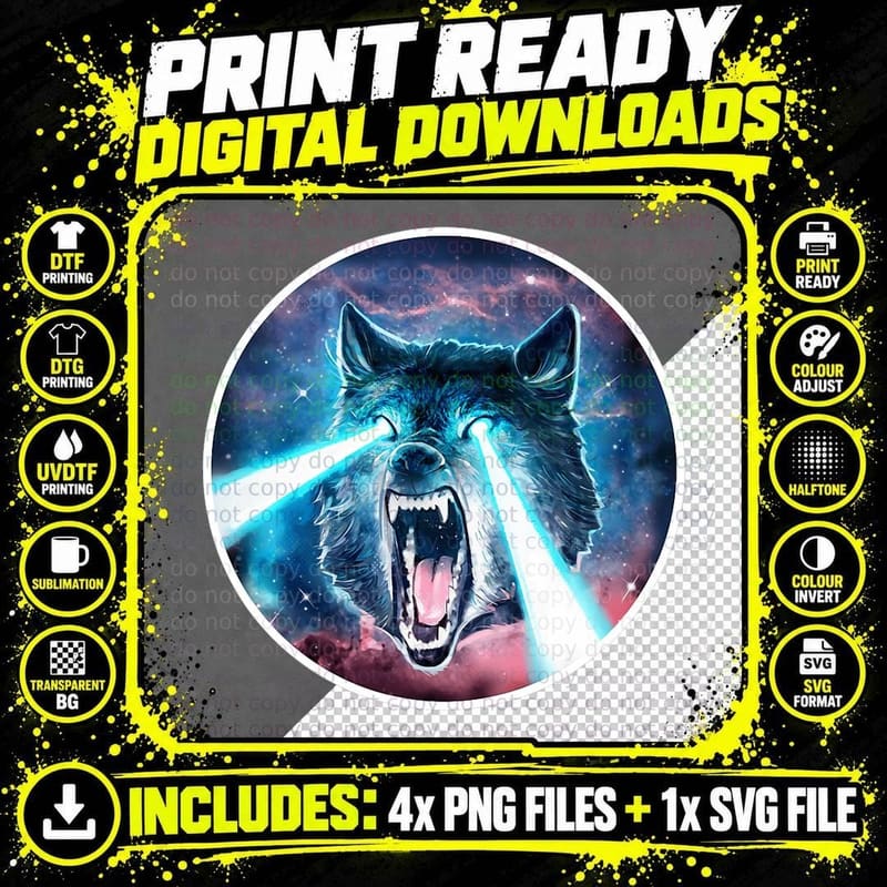 Space Wolf Howling from the Cosmic Mountain Stars T-Shirt Png SVG Digital Bundle