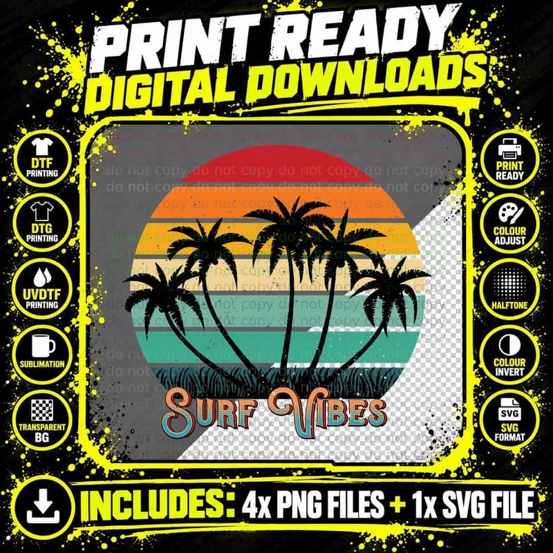 Surf Vibes Summer T-Shirt, Retro Palm Tree Sunset Png SVG Digital Bundle