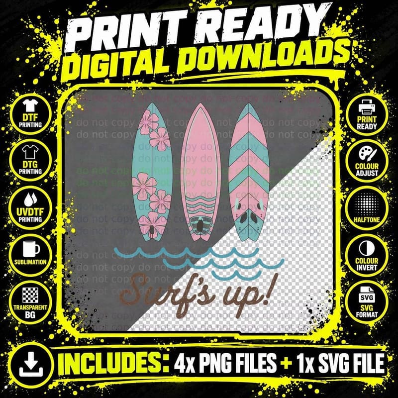 Surf's up! Summer T-Shirt, Surfboards Waves Ocean Design Png SVG Digital Bundle