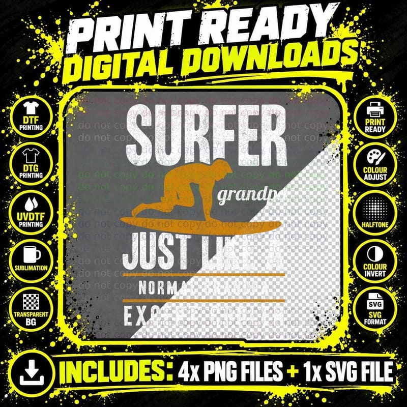 Surfer Grandpa Surfing Grandfather Surfers Fathers Day Png SVG Digital Bundle