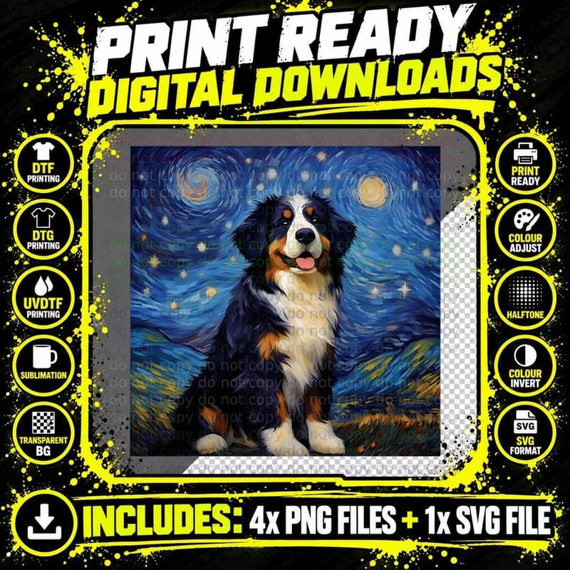Surreal Starry Night Bernese Mountain Dog T-Shirt Png SVG Digital Bundle