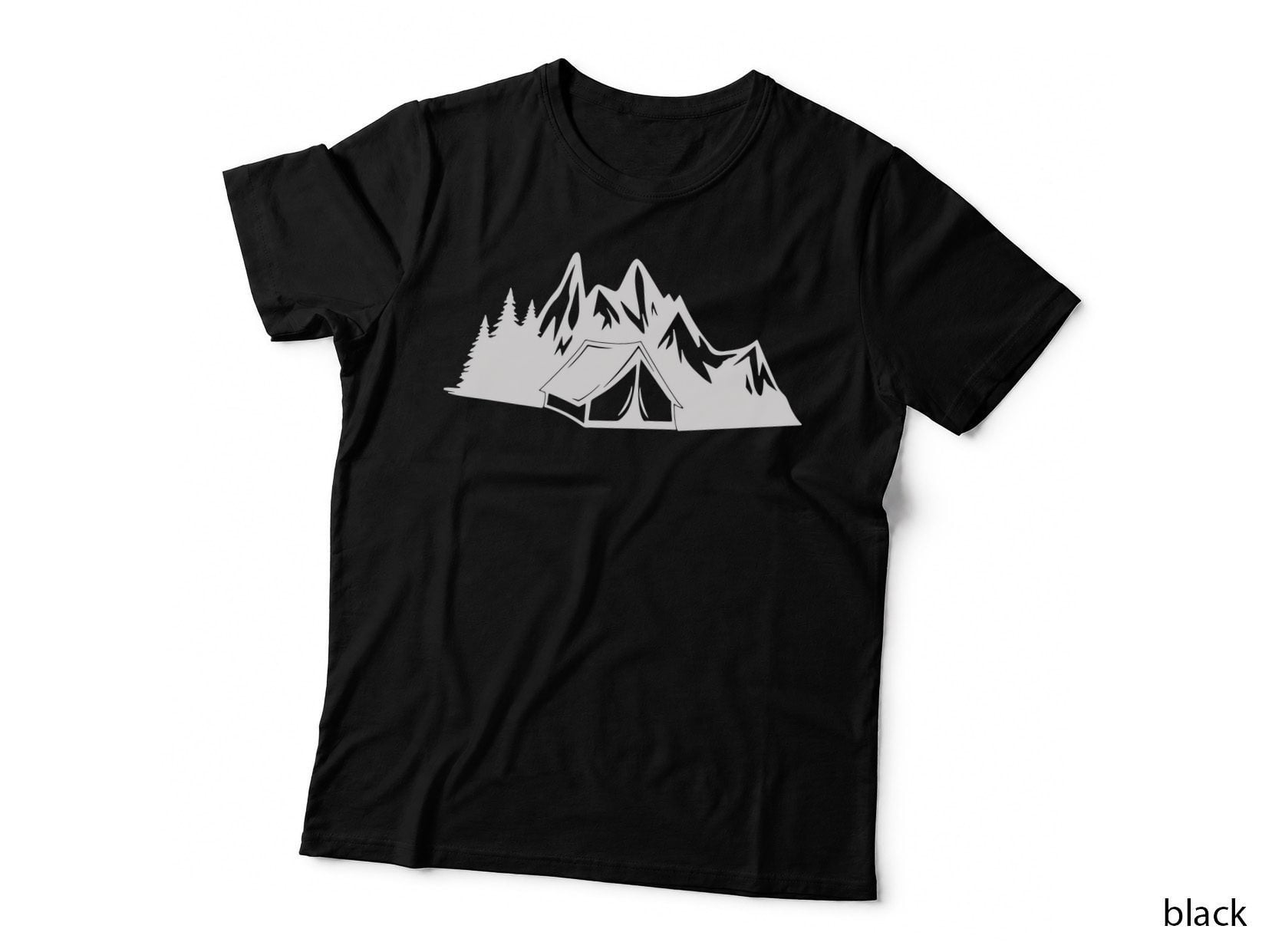 Tent Mountains Forest Silhouette Outdoor T-Shirt, Nature Adventure Graphic Tee