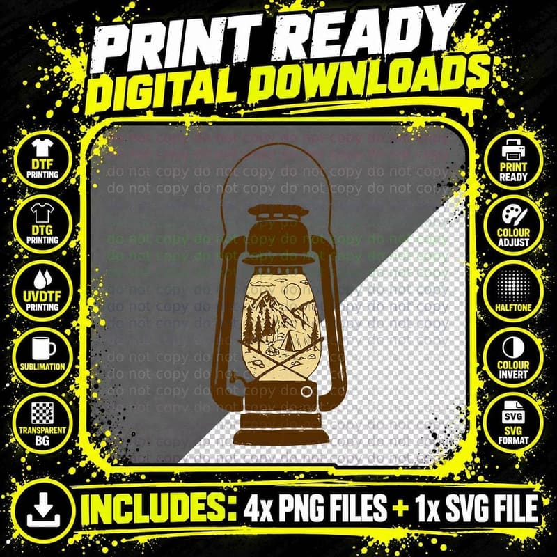 Trendy Camping Landscape Filled Vintage Lantern Graphic Png SVG Digital Bundle