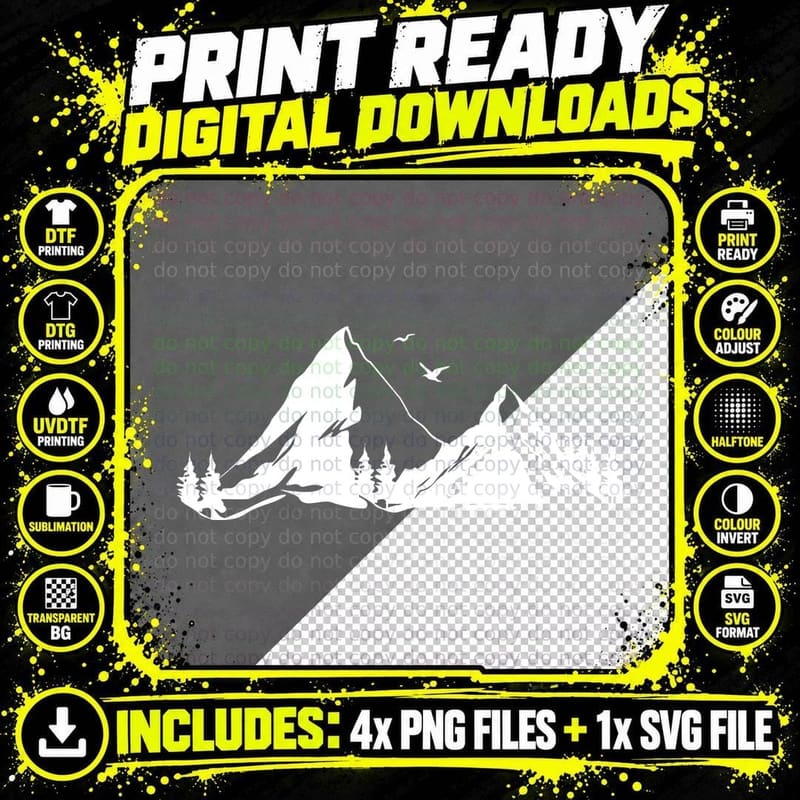 Two Peaks Forest Birds Flying Outdoor T-Shirt Png SVG Digital Bundle