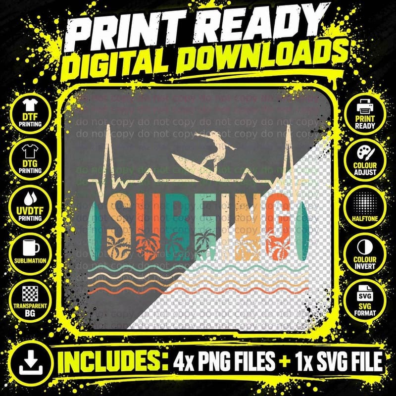 Vintage Surfer Retro Surfing Beach Surf Summer Vacation Png SVG Digital Bundle