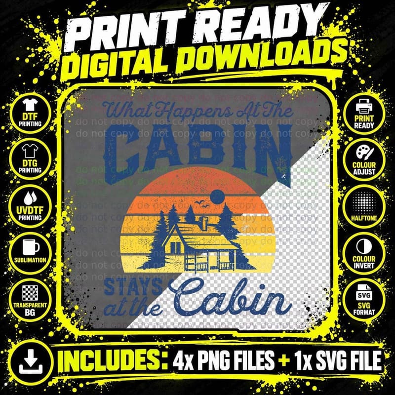 What Happens at the Cabin Stays Funny Retro Camping Gift Png SVG Digital Bundle