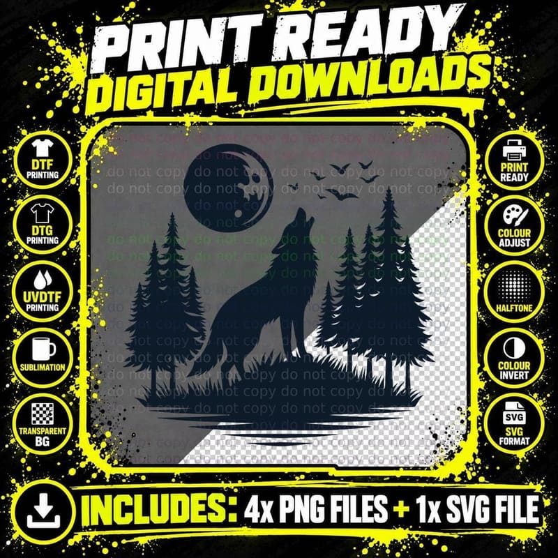 Wolf Howling Forest Moon Landscape Outdoor T-Shirt Png SVG Digital Bundle