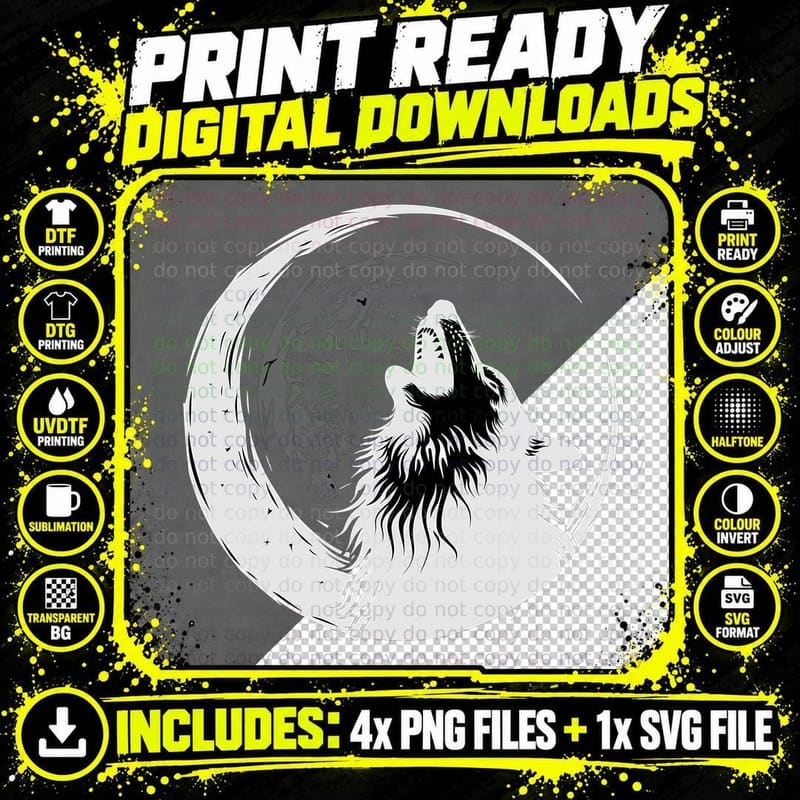 Wolf Howling Moon Clouds Outdoor T-Shirt Png SVG Digital Bundle