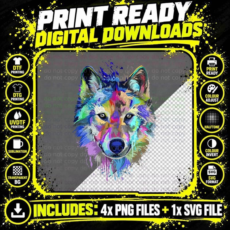 Wolf Splash Art Animal Face Wolf Lover, Wolf Print Png SVG Digital Bundle