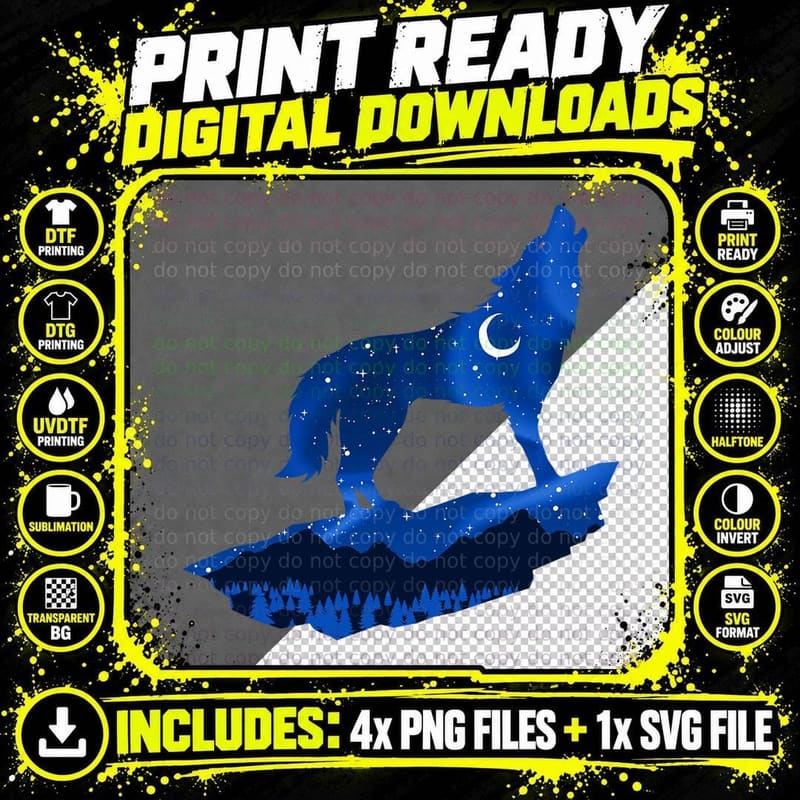 Wolf Starry Sky Moon Wolves Mountain Wildlife Pack Png SVG Digital Bundle