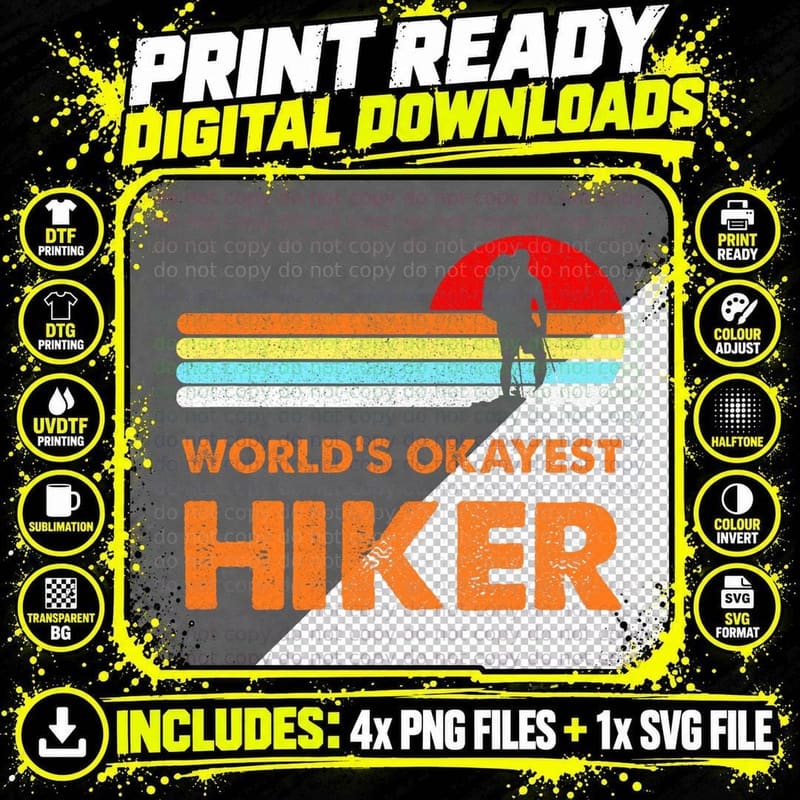 Worlds Okayest Hiker Vintage Retro Hiking Camping Gift Png SVG Digital Bundle