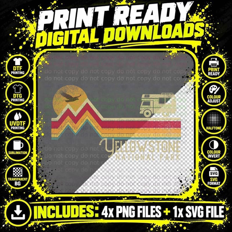Yellowstone National Park Vintage Style Mountain Camp Png SVG Digital Bundle