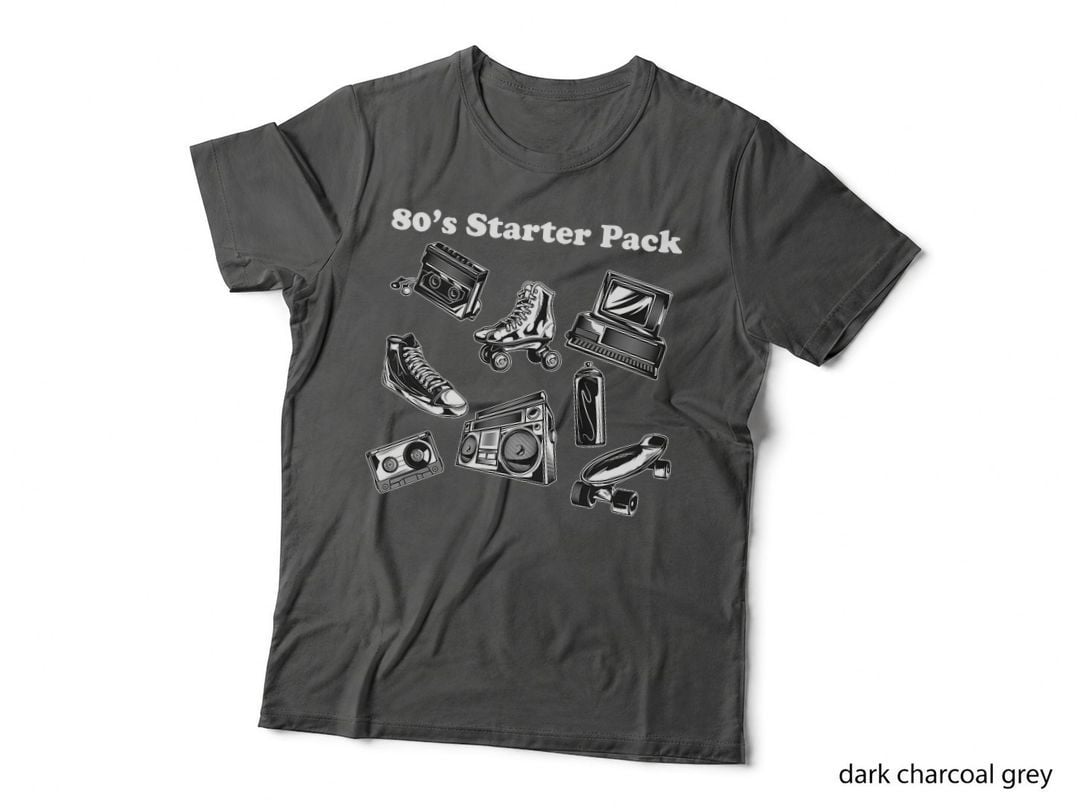 80S Starter Pack Icons T-Shirt, Cassette Boombox Roller Skate, Retro Nostalgia