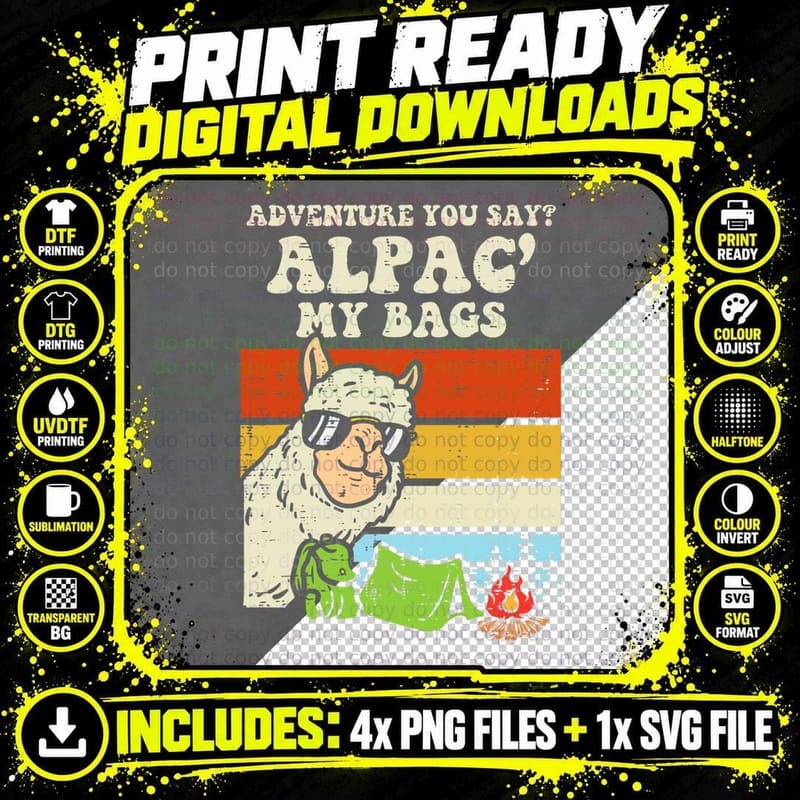 Adventure Alpaca My Bags Retro Camping Camper Men Women Png SVG Digital Bundle