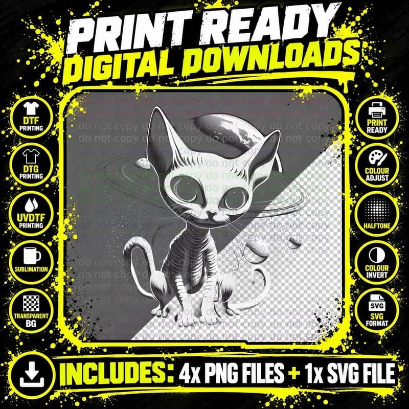 Alien UFO Funny Cat Graphic T-Shirt, Space Adventure Png SVG Digital Bundle