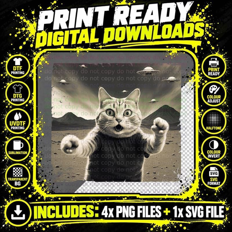 Alien UFO Funny Cat T-Shirt, Space Adventure Png SVG Digital Bundle