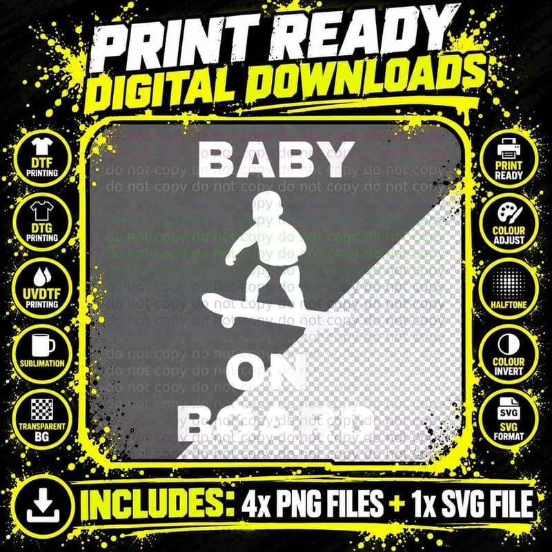 Baby on Board Skateboard Surf T-Shirt, Funny Meme Gag Png SVG Digital Bundle