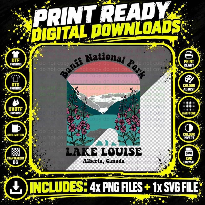 Banff National Park Lake Louise Retro Floral Mountain Png SVG Digital Bundle