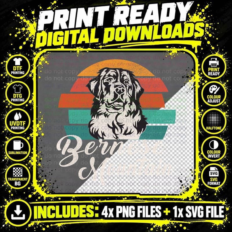 Bernese Mountain Dog T-Shirt, Vintage Retro Style Png SVG Digital Bundle