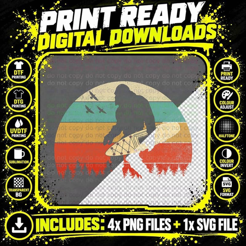 Bigfoot Kayak Paddling Retro Vintage Sasquatch Kayaking Png SVG Digital Bundle