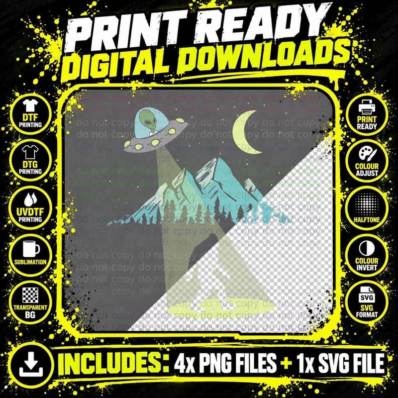 Bigfoot UFO Abduction Moon & Mountain Alien Vintage Png SVG Digital Bundle