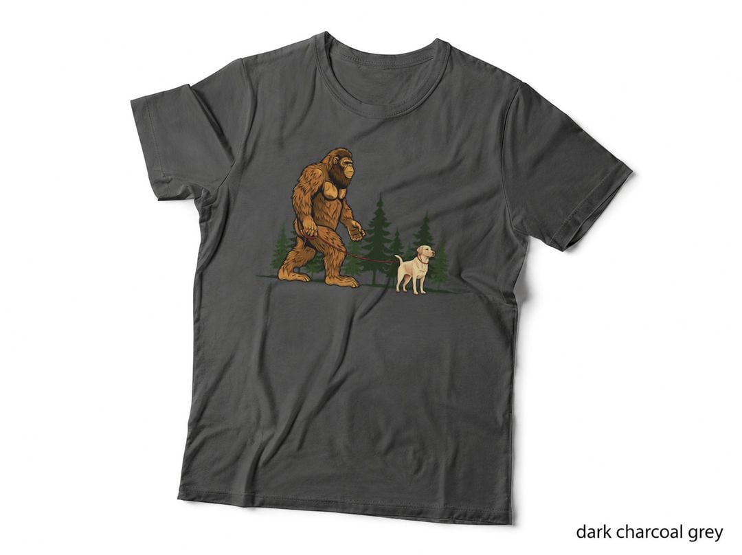 Bigfoot Walking Dog T-Shirt, Hiking Adventure Style, Pet Lover Apparel