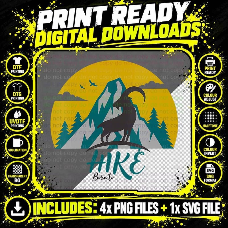 Borne to Hike, Hiking Funny, Vintage Goat Mountain Trail Png SVG Digital Bundle
