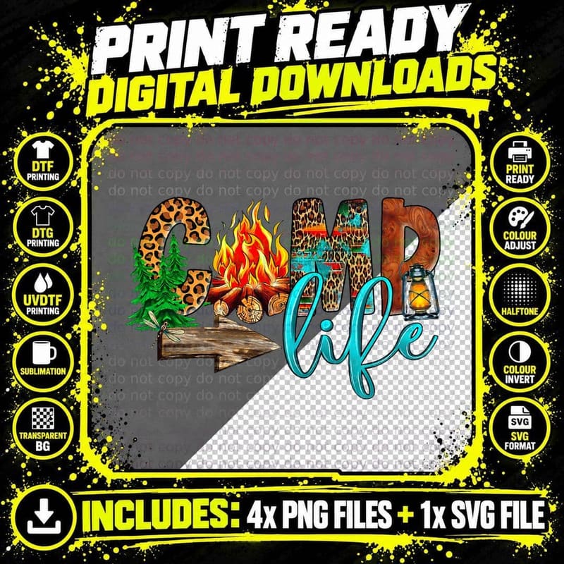 Camp Life with Cam-Fire Leopard Cow Camping T-Shirt Png SVG Digital Bundle