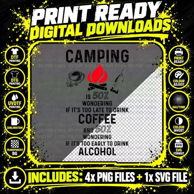 Camping Coffee & Alcohol T-Shirt, Funny Sarcasm Png SVG Digital Bundle