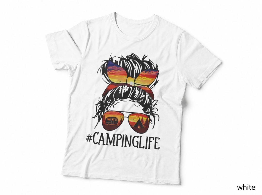 Camping Life Messy Bun Girls T-Shirt, Adventure Aesthetic, Mom Family