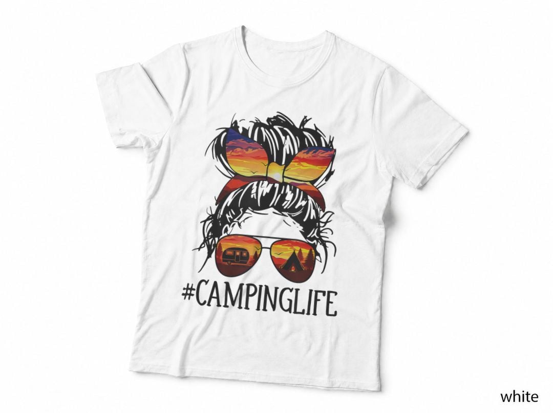 Camping Life Messy Bun Girls Women Mom Funny Mother Outdoor Adventure T-Shirt