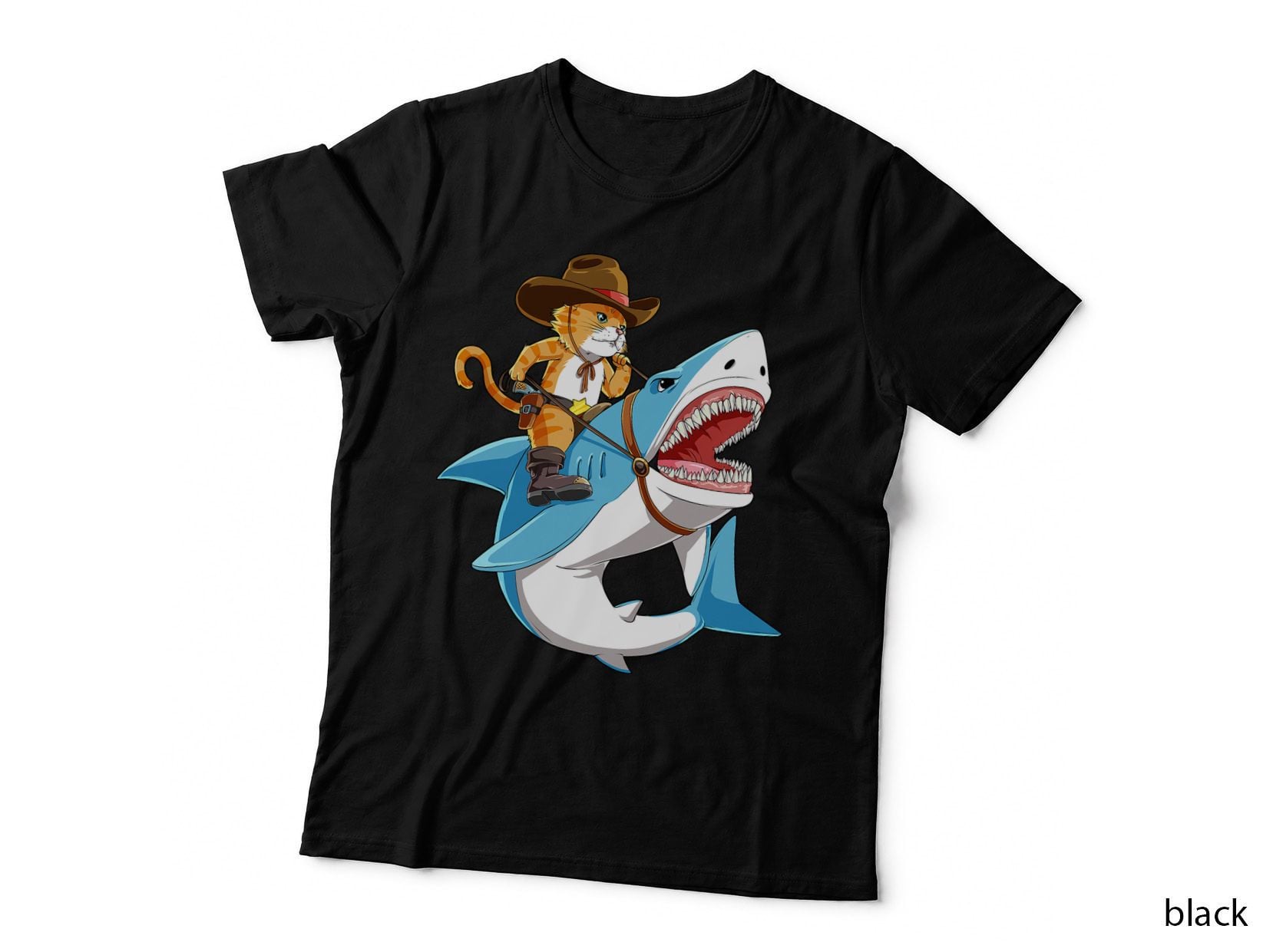 Cat Riding Shark Funny Cowboy T-Shirt, Animal Adventure, Pet Lover Apparel